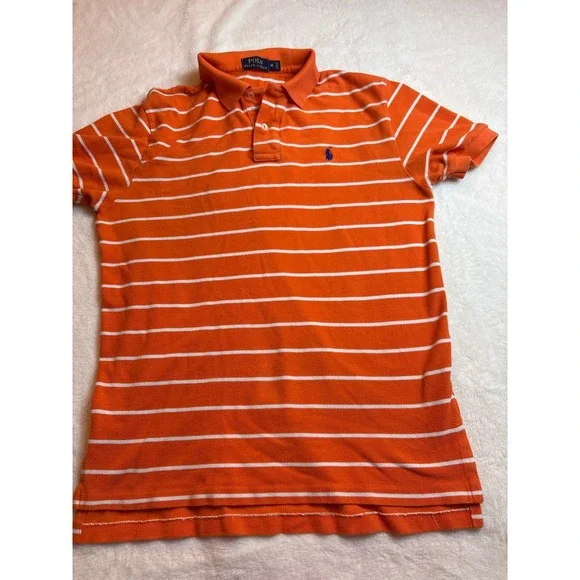 Polo Ralph Lauren Mens Orange White Striped Short Sleeve Pique Polo Shirt Medium