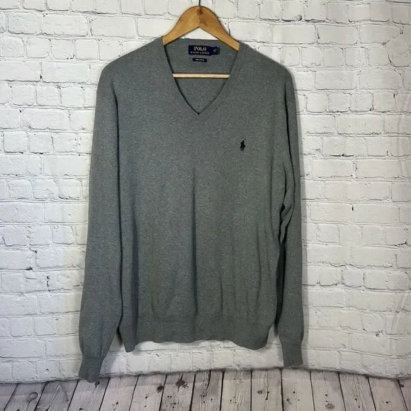 Polo Ralph Lauren Pima Cotton Mens‎ Gray Vneck Sweater size XL