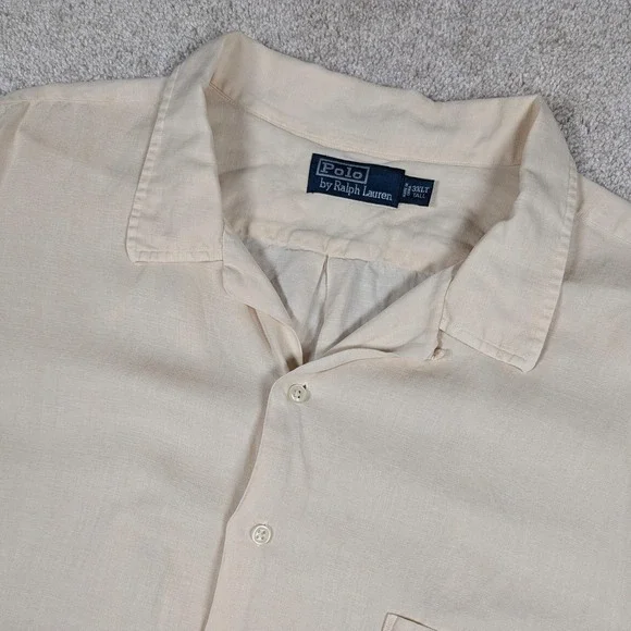 Polo Ralph Lauren Shirt Mens 3XLT Beige Solid SS Linen Silk Button Up Camp‎ Vtg