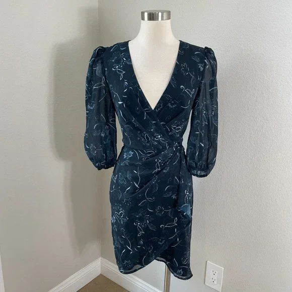 NEW $99 Halogen Womens Small Faux Wrap Floral Dress Chiffon In Bali Black‎