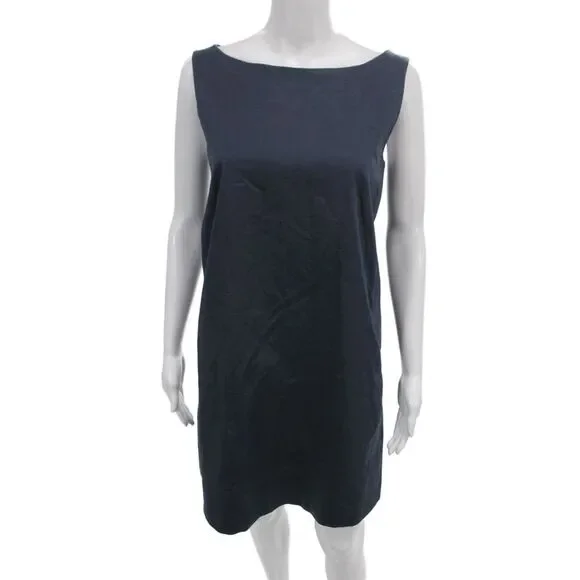Rossopuro Women Shift Dress Blue Cotton Boat Neck Sleeveless Knee Length Size 42