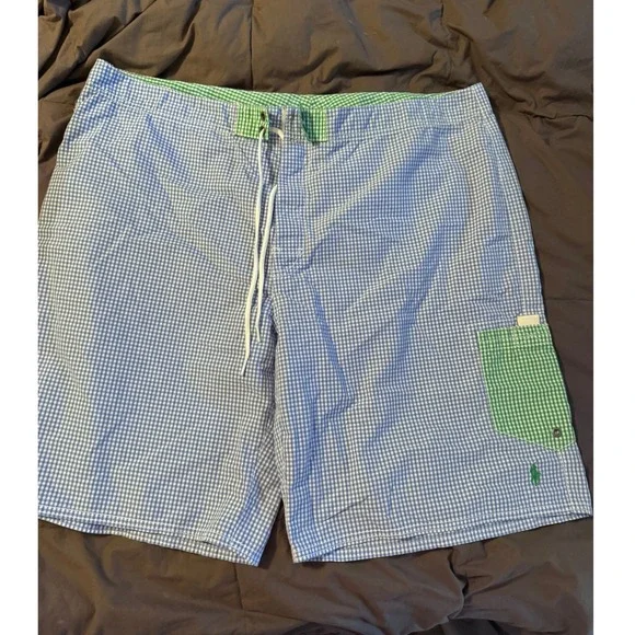 Polo Ralph Lauren Mens Blue Green Gingham Board Shorts Swim Trunks XL 40