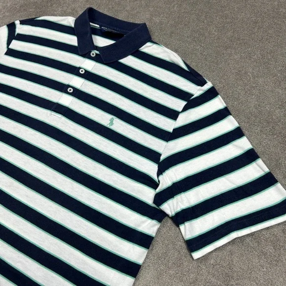 Ralph Lauren Polo Shirt Mens XL Blue White Striped Linen Blend Summer Casual