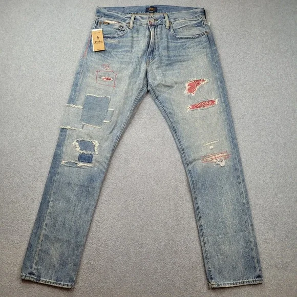 Polo Ralph Lauren Sullivan Slim Mens 32x32 Blue Distressed Patchwork Jeans NWT