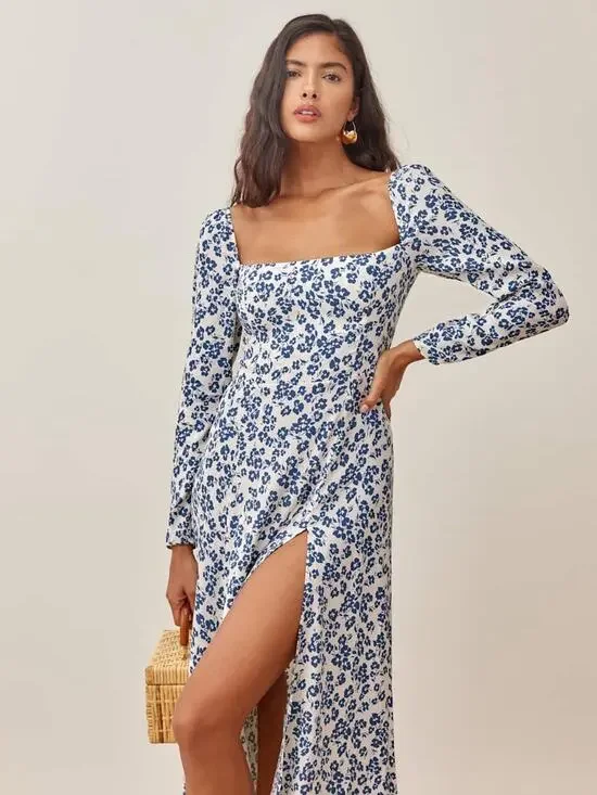 Reformation Sigmund Ditsy Floral Square-Neck Midi Dress Milanesa 6 Small