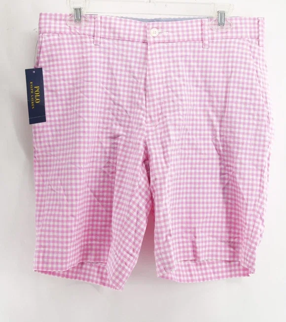NWT Polo Ralph Lauren Men's Classic Fit Blackwatch Plaid Shorts Pink White 32 9