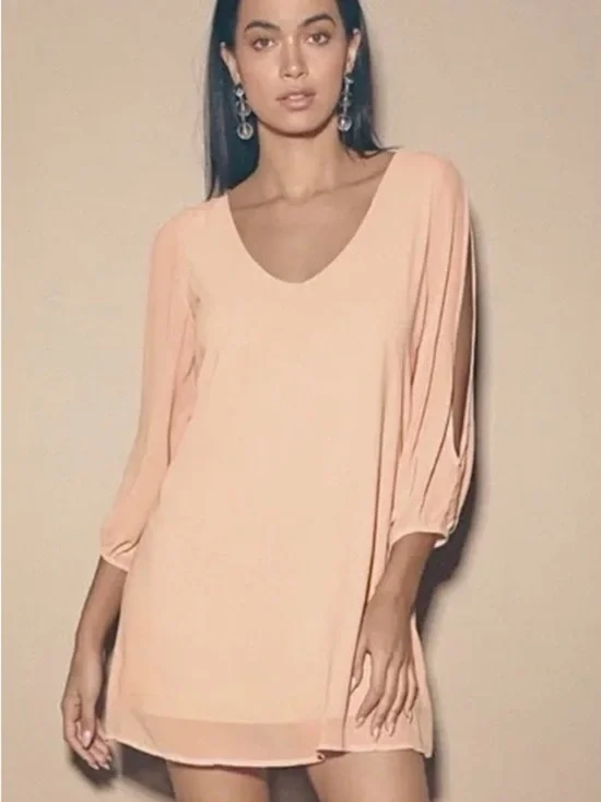 Lulus Chiffon Shift Mini Dress Blush Pink Size XL Sheer Balloon Sleeve Party