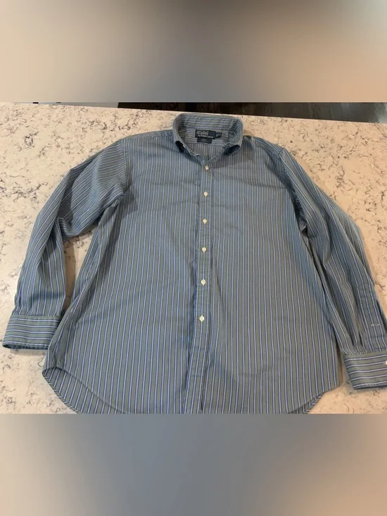 Polo Ralph Lauren Striped Blue Green Yellow Long-Sleeve Dress Shirt  17 34/35