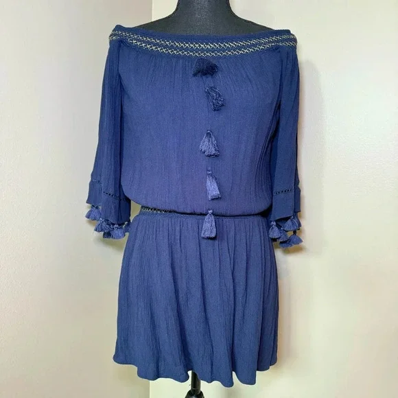 Lilly Pulitzer Joelle Off Shoulder True Navy Blue Mini Dress size XS‎ tassels