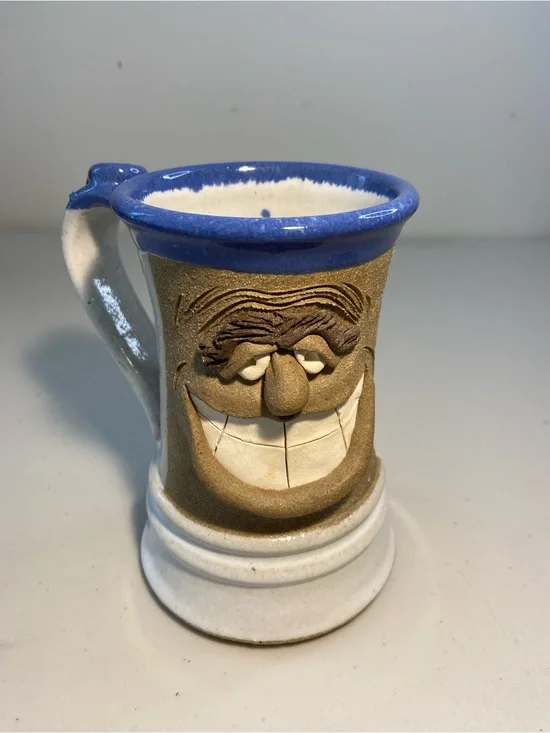 Vintage Ron Scharf Pottery Funny Face Mug - Blue and Tan
