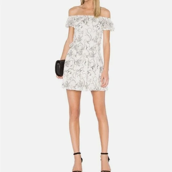 Alice +‎ Olivia JANELLE SILK Embroidered Off the Shoulder Dress 4 Cream Black