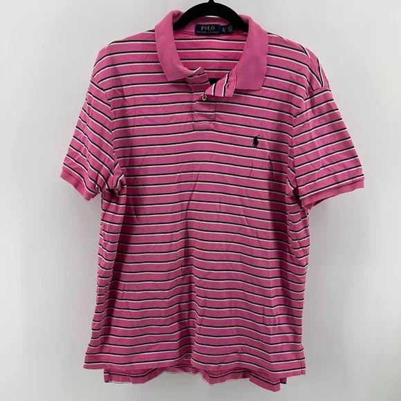 Polo Ralph Lauren Men XL Pink Striped Short Sleeve‎ Cotton Shirt Preppy Classic