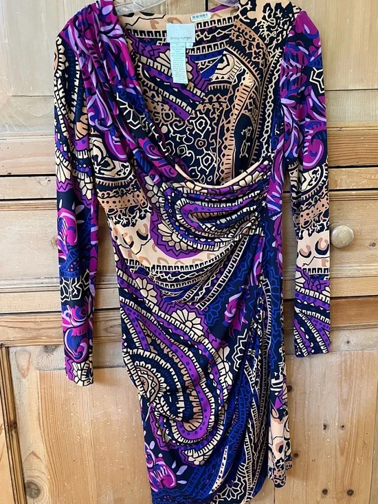 Donna Morgan Purple Paisley Wrap-Style Long Sleeve Dress