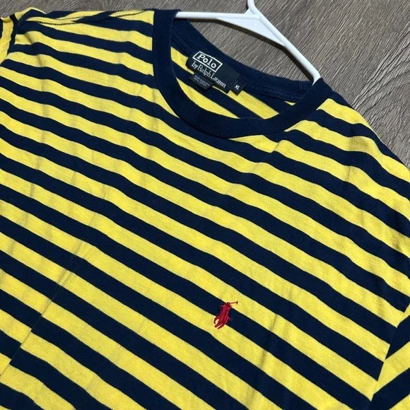 Vintage Polo Ralph Lauren T-Shirt XL Yellow Blue Striped Short Sleeve Cotton