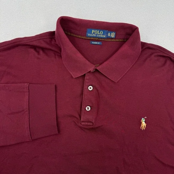 Polo‎ Ralph Lauren Long Sleeve Soft Cotton Polo Shirt Mens XL Maroon Flesh Pony