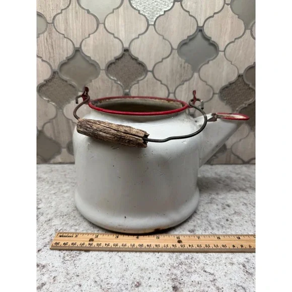 Vintage White Enamelware Tea Kettle Red Rim Wood Handle Primitive Farmhouse Deco