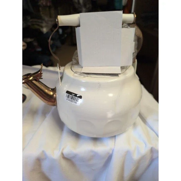 White Enamel Tea Kettle with Copper Spout - 25% Off 5+ Items