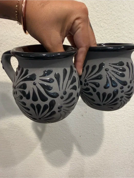 Mexican pottery coffee mugs hand painted black with flower detail