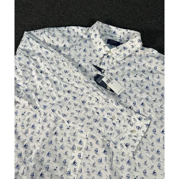 New Polo Ralph Lauren Shirt 3XLT White‎ Sailboat Print Nautical Preppy Stretch