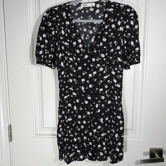 Elodie Women's XS Black Pink Floral Button Front Puff Sleeve Mini Dress