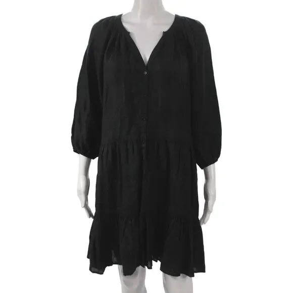 Apiece Apart Women Shirt Dress Black Linen V-Neck 3/4 Sleeve Button Size L
