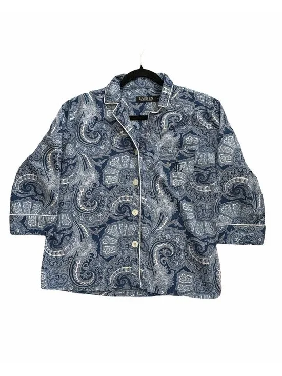 Lauren Ralph Lauren Womens Navy Paisley Sleep Shirt Petite Medium Pajama Top