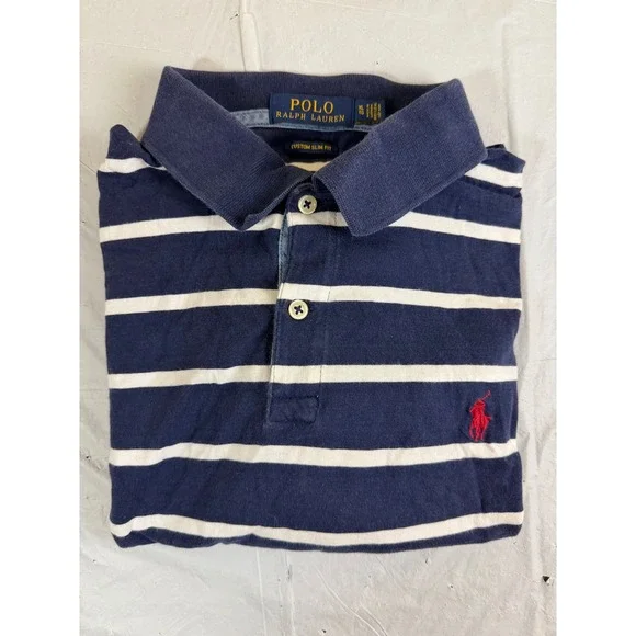 Polo Ralph‎ Lauren Mens XL Custom Slim Fit Striped Polo Shirt Navy Blue White