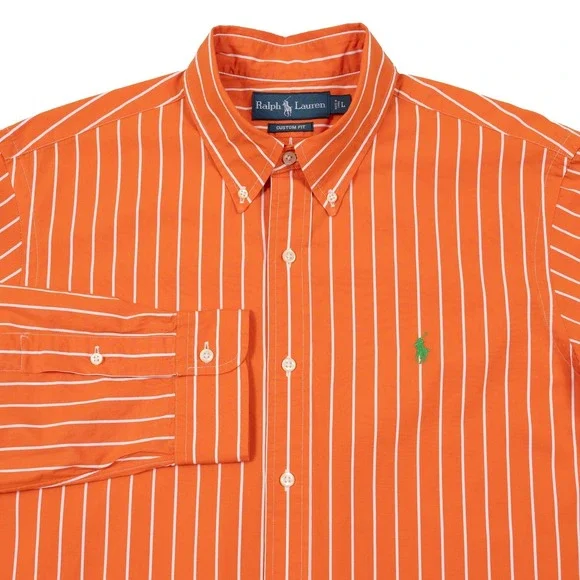 VTG Polo Ralph Lauren Button Down Shirt Mens L Orange Striped Custom‎ Fit Preppy