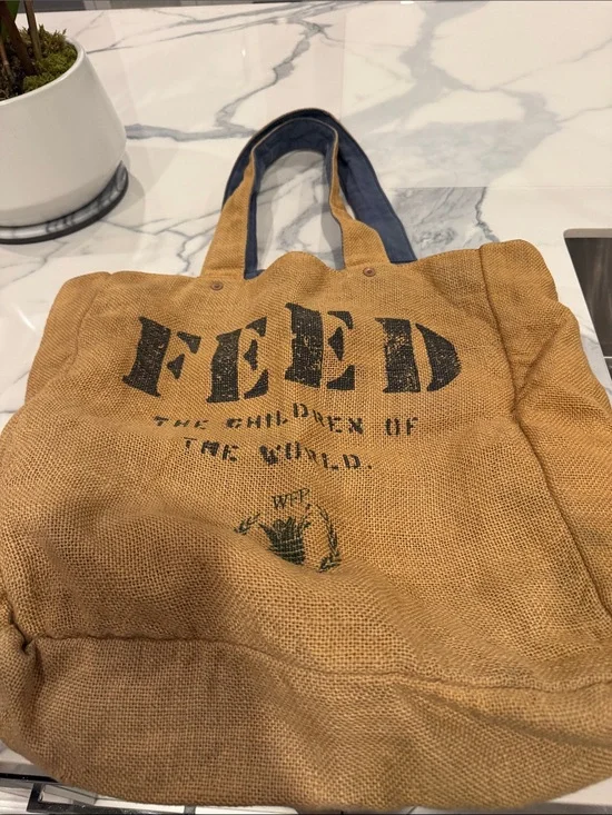 FEED Tan Canvas Messenger Tote with Navy Handles