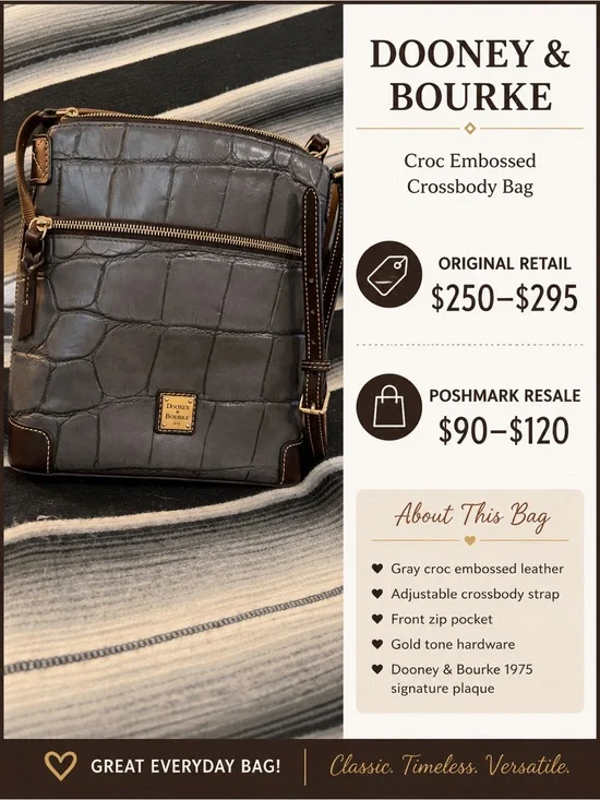 Dooney & Bourke Gray Croc-Embossed Crossbody with Gold Hardware