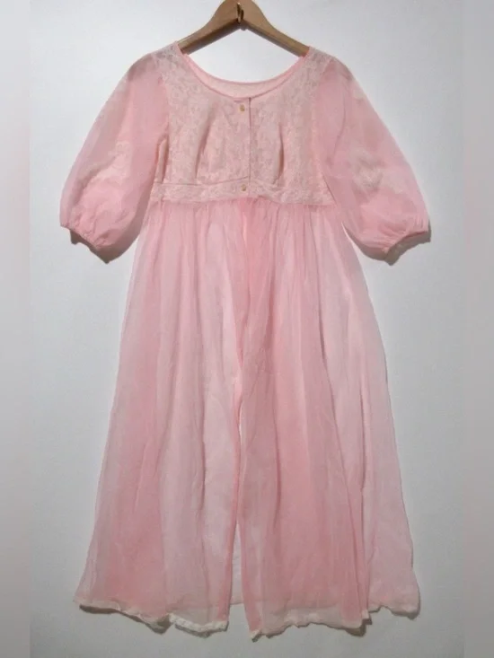 Vintage Miss Elaine Pink Peignoir Dressing Gown Sheer Lace Puff Sleeves Small