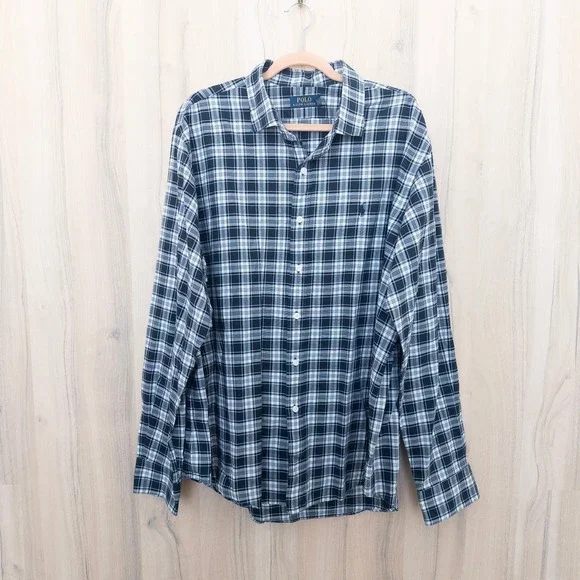 Polo Ralph Lauren Mens Plaid Long Sleeve Shirt XXL Navy White Plaid Button Down