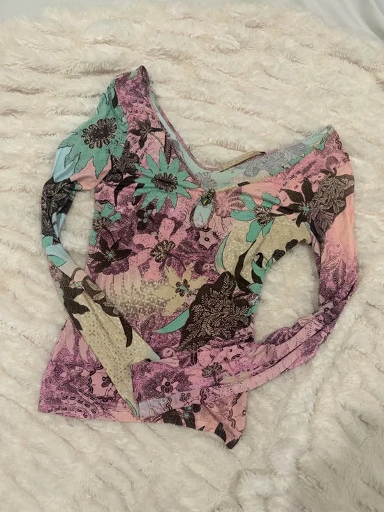 Roberto Cavalli Pink, Teal & Brown Floral Long Sleeve Top