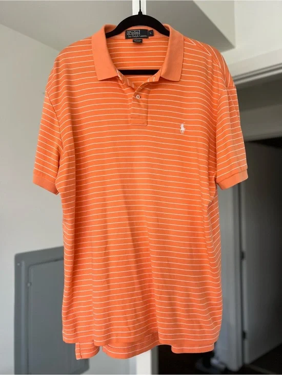 Men's Polo Ralph Lauren Striped Polo Top Orange & White Stripes Size L