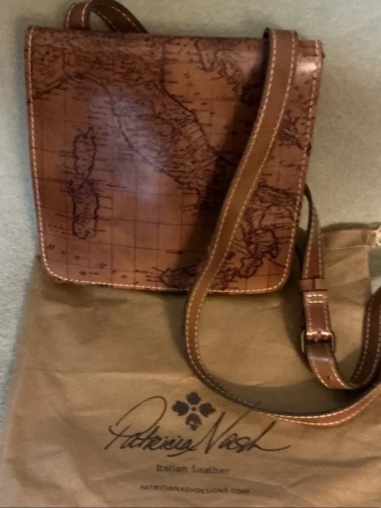 Patricia Nash Cognac Map-Print Leather Messenger Crossbody