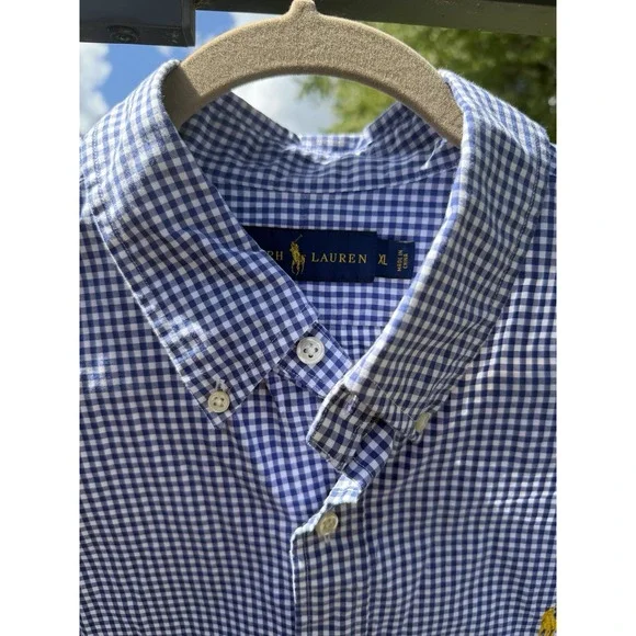 Polo Ralph Lauren Mens XL Blue White Gingham Button Down Shirt Yellow Pony. 5260
