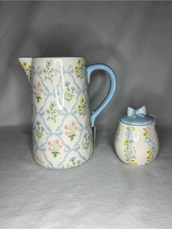 Hobby Lobby Pastel Floral Ceramic Pitcher and Sugar Jar Set