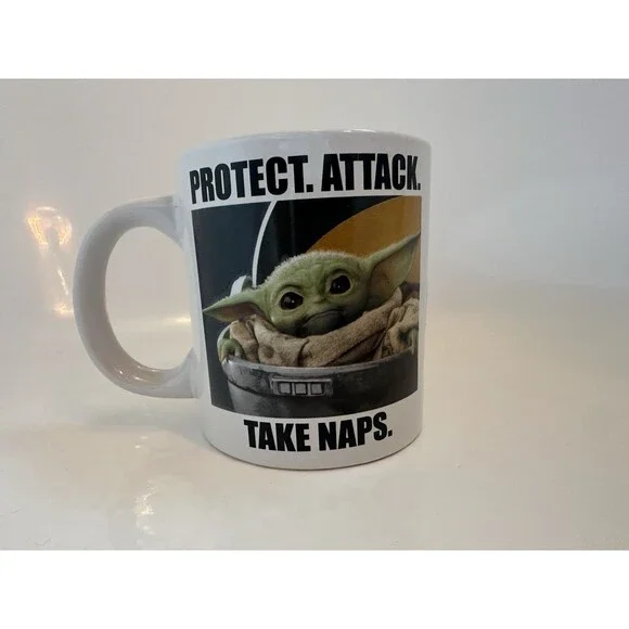 Star Wars Grogu Baby Yoda Coffee Mug “Protect. Attack. Take Naps.” 20 oz Ceramic