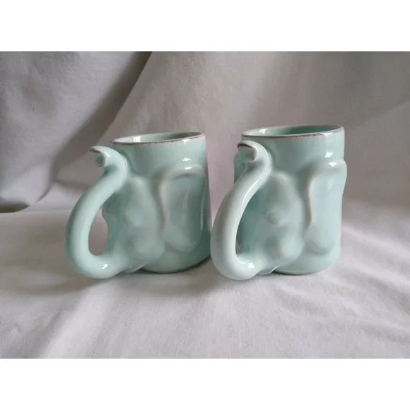 Set of 2 Light Aqua Blue Elephant 3D Figural Mug‎ Cup Child Size