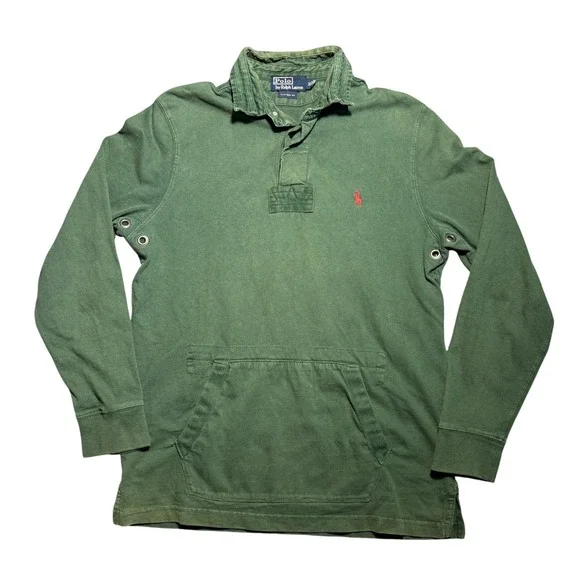 Vintage Polo Ralph Lauren Green Long Sleeve Rugby Shirt Kangaroo Pocket M