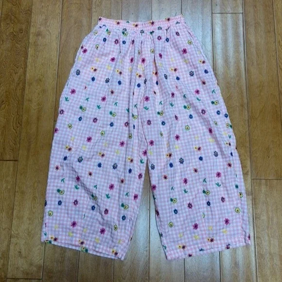 Womens Pink Gingham Floral Embroidered Wide Leg Pajama Pants *M Cottagecore Boho