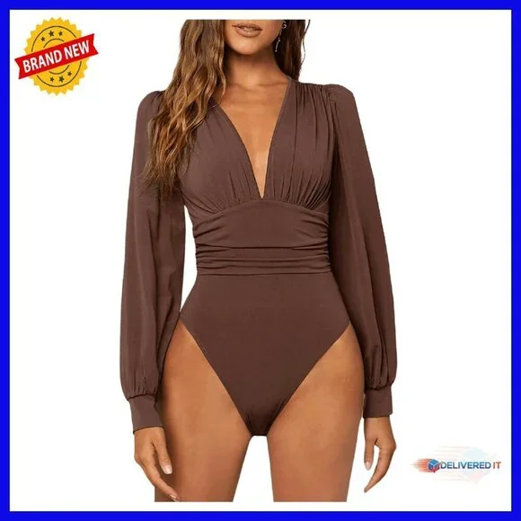 Sexy Ruched Deep V Neck Long Sleeve Bodysuit Plunging Leotard