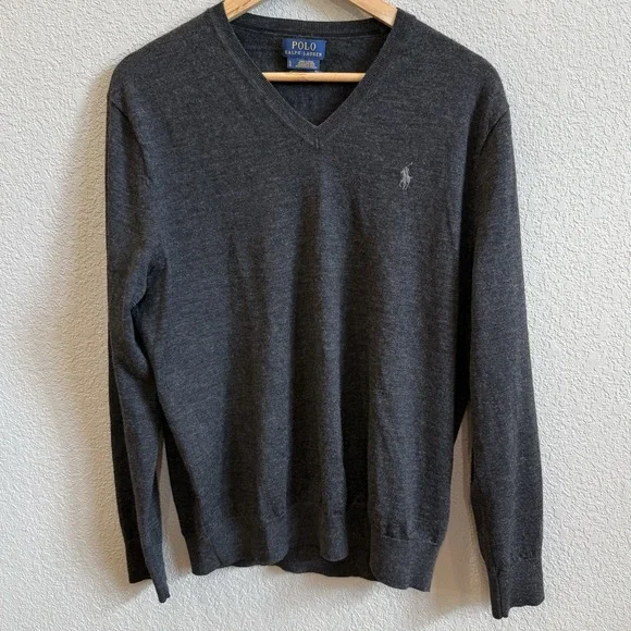 POLO Ralph Lauren Washable Merino Wool V-neck Sweater Large Gray Graphite
