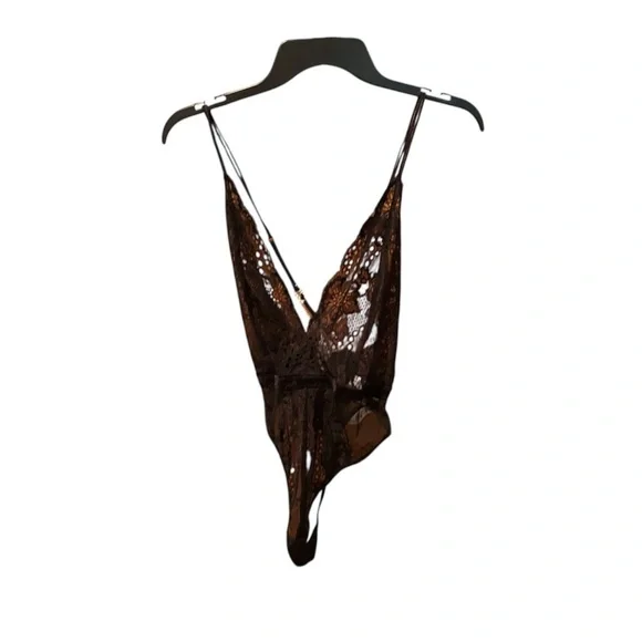 In Bloom by Jonquil Plunge Neck Lace Thong Teddy in Black Small NWT