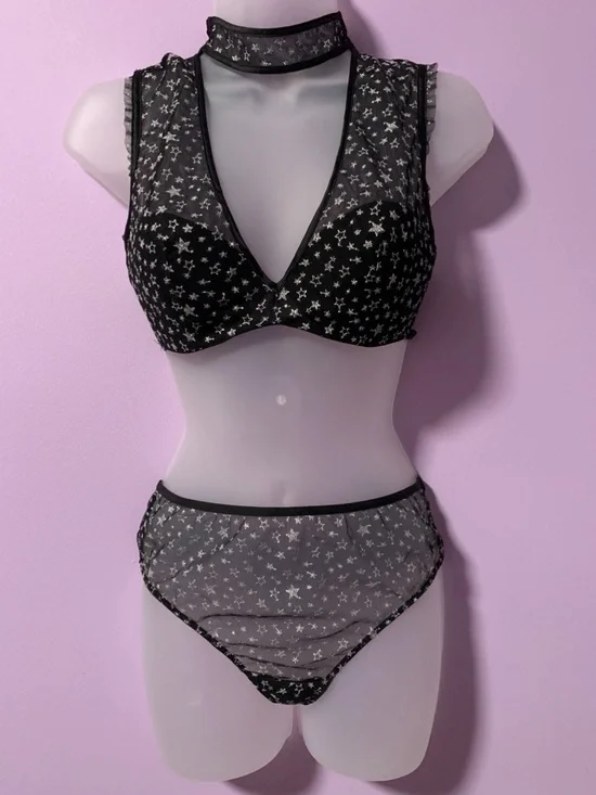 VS Black Sheer Star Mesh Bra & High-Waist panty Set