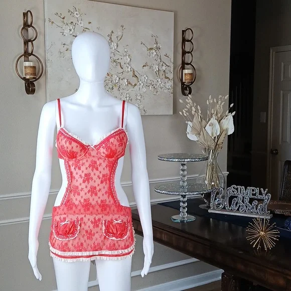 Victoria's Secret Super Sexy Floral Lace Apron Lingerie Mini Dress Size 34B