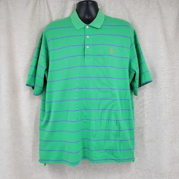Polo Ralph Lauren Golf Green Blue Stripes Polo Shirt Short Sleeves Men's Large