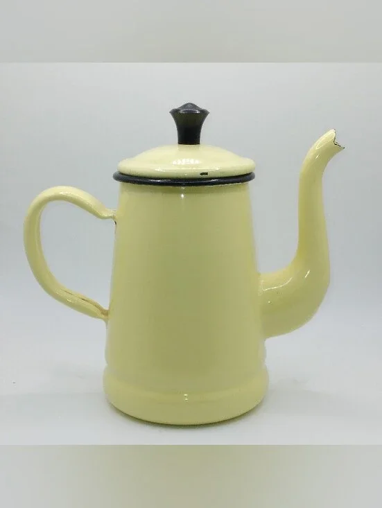 Vintage Yellow Enamelware Coffee Pot, 6 Inches, Bakelite Knob, Black Trim, READ