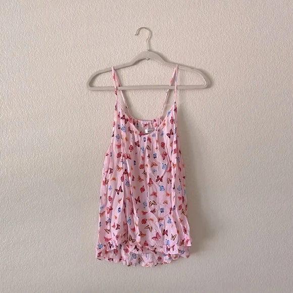 Kensie Camisole Top Scoop V Lounge Ruffle Tank Cottage Butterflies Pink