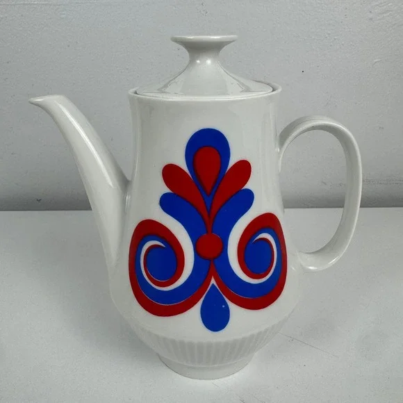 Vintage Colditz Porcelain Coffee Pot GDR East Germany Red Blue MCM‎ Ceramic Lid